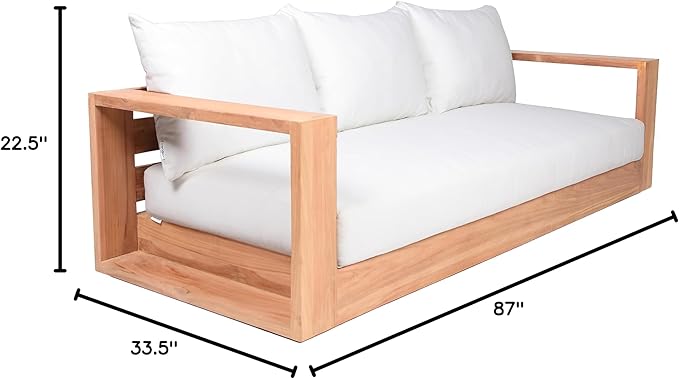 Meridian Furniture 353White-S Tulum Collection Modern | Contemporary Water Resisting Fabric Outdoor Sofa with Solid Teak Wood Frame, Off White Resilient Fabric, 87" W x 33.5" D x 22.5" H, White