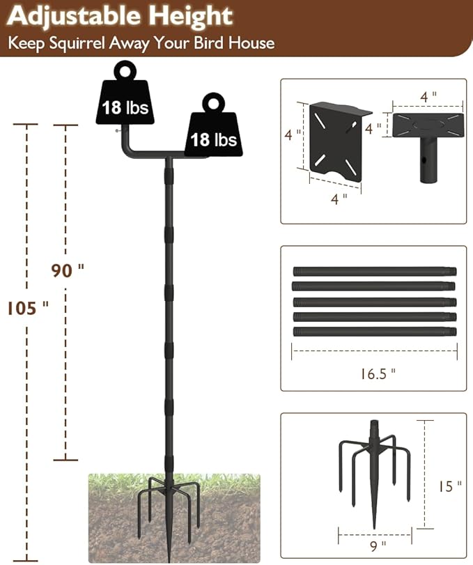 Garbuildman Upgraded Smart Bird Feeder Pole for 2 Birdhouses with Reinforced 5-Prong Base, Adjustable Birdhouse Pole for Outdoors, 2-in-1 Bird Feeder Stand Mounting Kit for Wild Birds Watching, Black