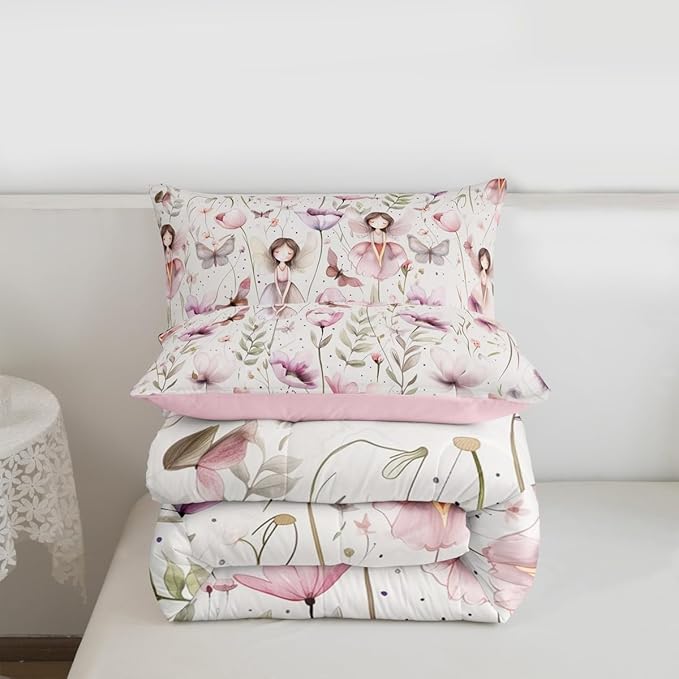 Erosebridal Fairy Garden Queen Comforter Set - Butterfly & Floral Bedding Sets for Kids Girls, Purple Pink Flower Butterflies Bed Set | Whimsical Fairies Room Decor with 2 Pillowcases
