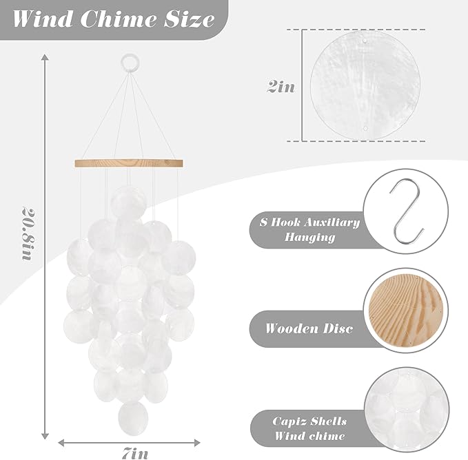 Wind Chimes for Outside, Handcrafted White Capiz Shells Windchime Coastal Style Decor for Indoor/Outdoors, Garden Decors, Great Gift for Women, Beach Hanging Decor, Wind Chimes Lovers and More
