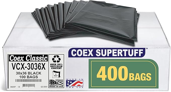Aluf Plastics - COEX 3 Ply Garbage Bags, 20-30 Gallon, 1.5 Mil (eq), 30"x36", Black, 400 Count
