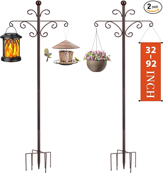 Bird Feeder Pole for Outdoors Heavy Duty Squirrel Proof, 2 Pack 92 Inch Adjustable Tall Shepherds Hooks for Outdoor with 7 Prongs Base, Double Shepherd Hooks (2 Pack Copper, 92 Inch)