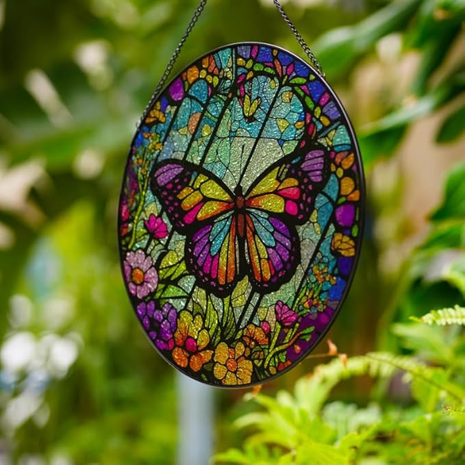 Generic Butterfly Stained Glass Suncatcher Artistic Window Hanging,7.8” Hand-Painted Glass Panel Wall Home Decor,Gift for Women Garden Decor Suncatcher, BL009