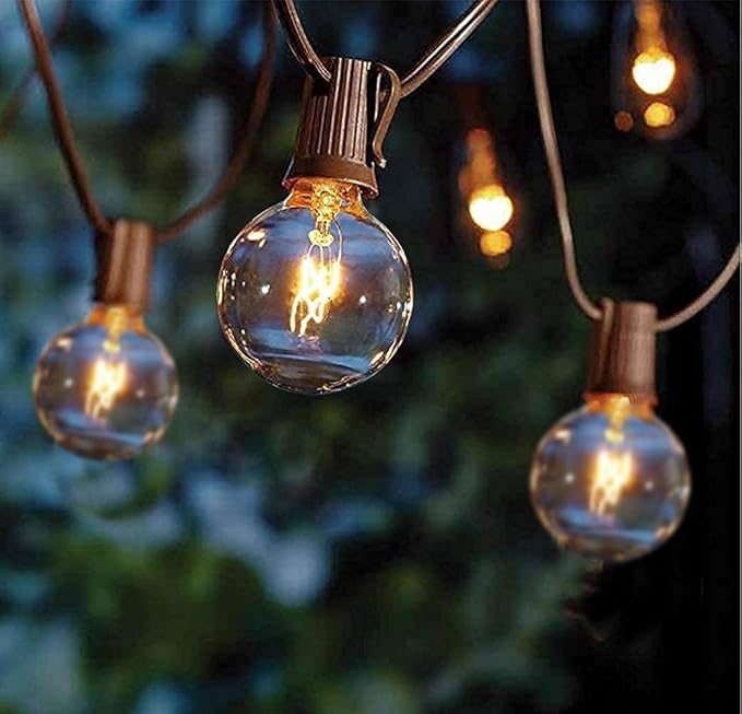 Abeja 25Ft Outdoor Patio String Lights with 27 Clear G40 Bulbs, UL Listed for Porch Bars Deck Wedding Party Markets Decor, 5W, E12 Socket Base, Brown