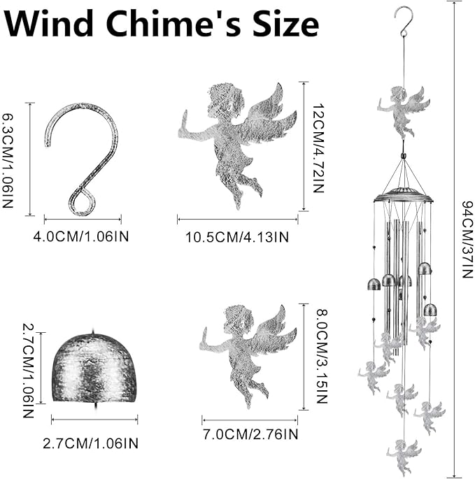 Angel Wind Chimes for Outside/Indoors, Angel Gifts for Women Mom Grandma, Sympathy Memorial Gift 37" Metal Windchimes, Hanging Decor for Home Patio Garden Porch Yard (Silver-Angel)