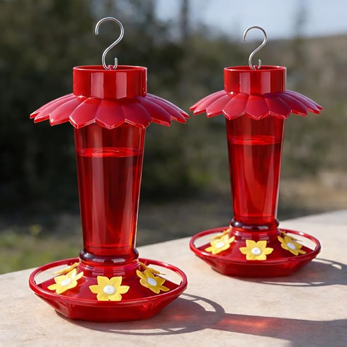 Plastic Hummingbird Feeders for Outdoors Hanging, 2 Pack 10 OZ Red Humming Bird Feeder with 6 Feeding Ports and Perch, Built-in Ant Moat, Gifts for Women Garden Decor