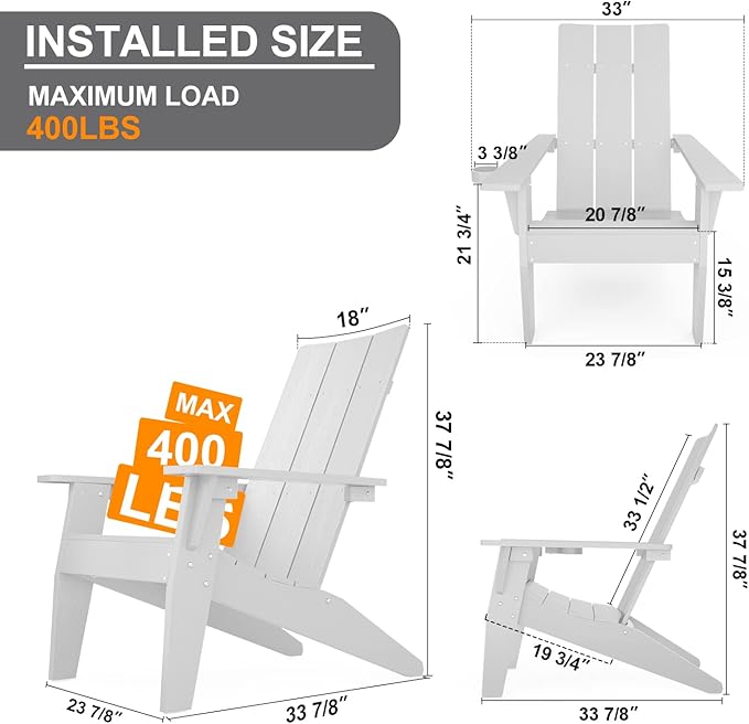 MXIMU Modern Adirondack Chairs Set of 4 Weather Resistant with Cup Holder Oversize Plastic Fire Pit Chairs Plastic Outdoor Chairs for Firepit Area Seating (White)