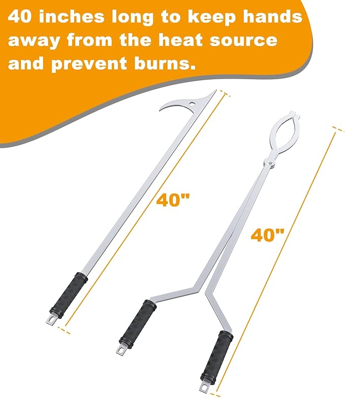 40" Fire Pit Tongs Set for Fire Pit, Fire Poker and Log Grabber FirePit Tool Accessories for Outdoor Campfires Backyard Picnic Picnic Indoor Accessories, Stainless Steel