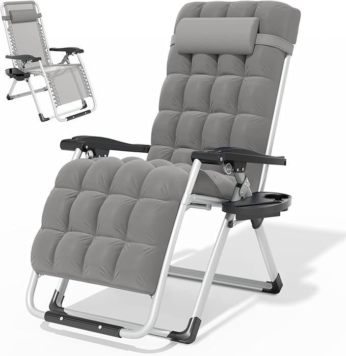 Magshion Zero Gravity Chair with Cushion, Reclining Outdoor Patio Lounge Chair, Folding Indoor Anti Gravity Recliner, Portable Lounger with Removable Cup Holder Side Tray and Pillow Headrest (Grey)