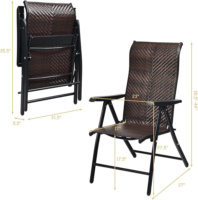Tangkula 2 Piece Patio Rattan Folding Reclining Chair, Outdoor Wicker Portable Camping Chair with Widened Armrest, Foldable Chair with Adjustable High Backrest for Garden Balcony Outdoor & Indoor (2)