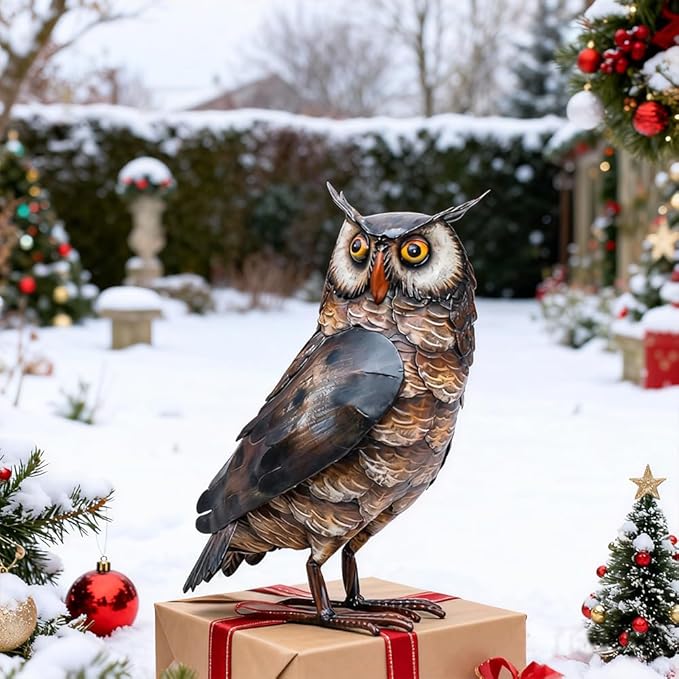 Natelf Garden Owl Sculptures & Statues, Standing Metal Bird Yard Art Sculpture for Patio Backyard Pond Outdoor Decorations (Brown-1)