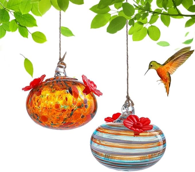2pcs Small Blown Glass Hummingbird Feeders for Outdoors 3.2in Hanging Glass Humming Bird Feeders for Window Patio Decor with 2 Flower Feeding Ports