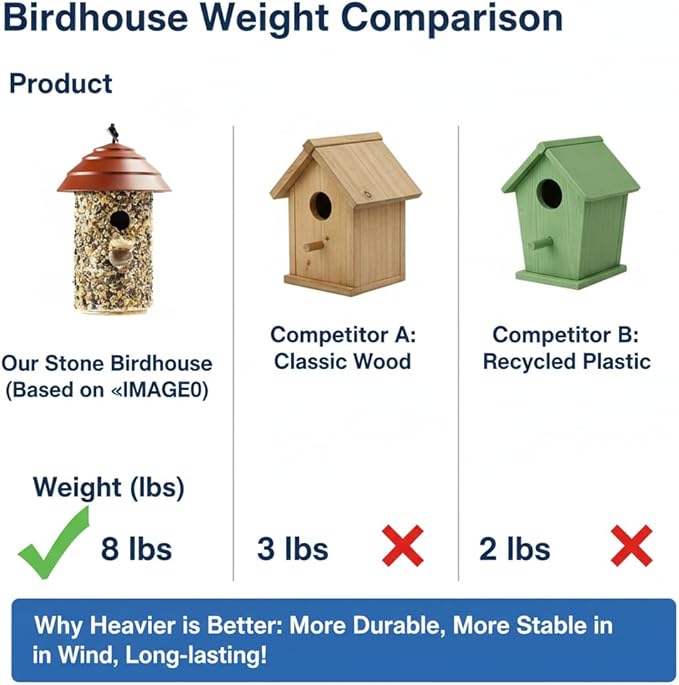 Outdoor Wren Bird House with River Pebble Composite Roof – Decorative Wooden Nesting Box for Wrens, Finches & Small Songbirds – Weather-Resistant Hanging Backyard Habitat,10 Year Lasting (Red)