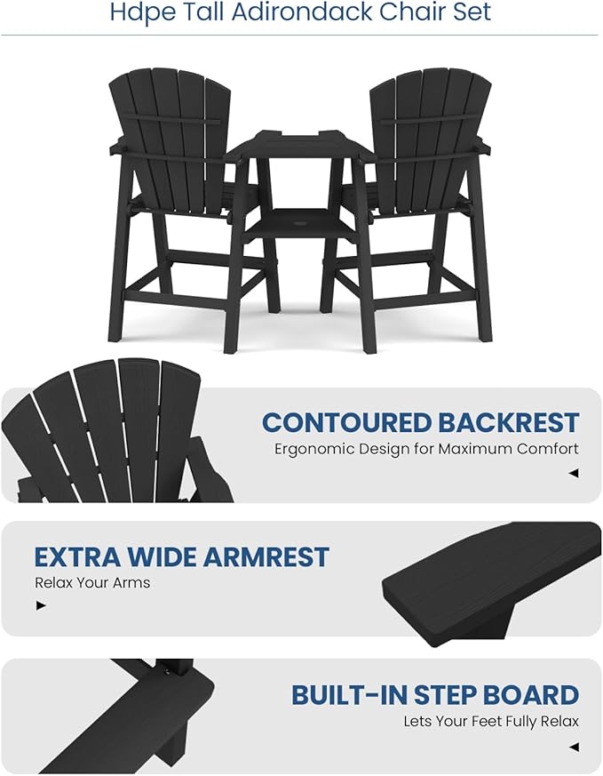 Ciokea Tall Adirondack Chairs Set of 2, HDPE Outdoor Adirondack Bar Stools with Double Connecting Tray, Weather Resistant High Back Adirondack Balcony Chairs for Deck, Lawn, Pool, Backyard, Black