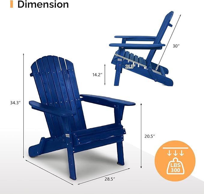 VINGLI Folding Adirondack Chairs Set of 4, Wood Adirondack Chair for Outdoor, Foldable Fire Pit Chairs for Patio, BBQ, Porch, Yard, Pool, Blue
