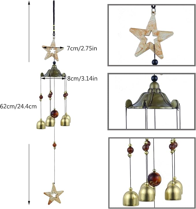 BWinka Star Wind Chimes for Outside with 5 Brzone Chime Bells, Rustic Wind Chime Hanging Decor for Garden Patio Yard