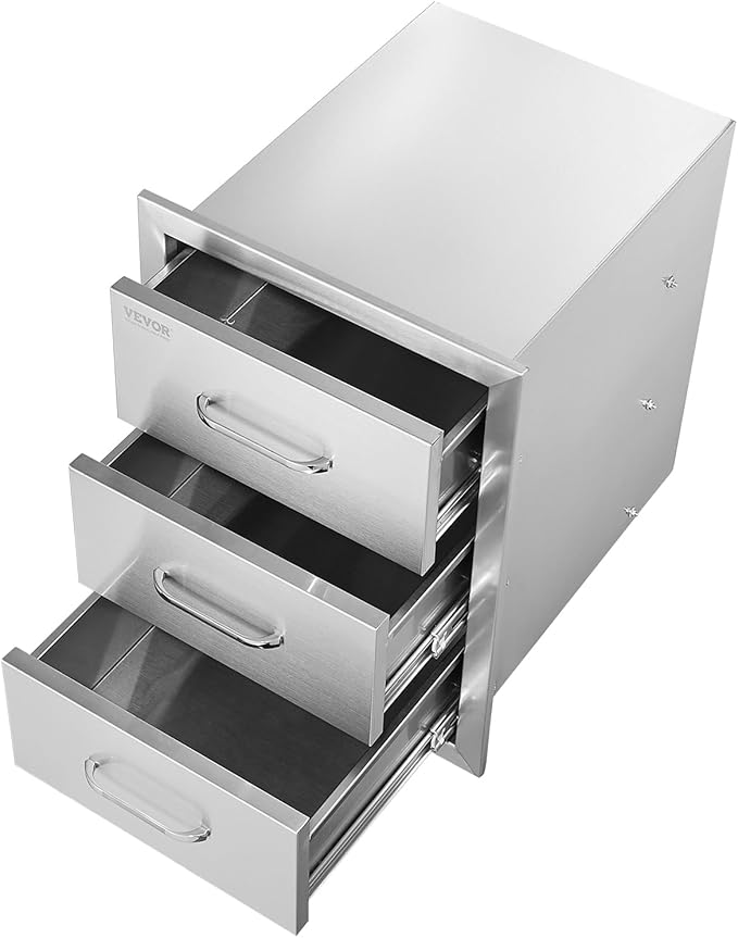 VEVOR Outdoor Kitchen Drawer Cabinets 16" W x 21.5" H x 18" D, BBQ Drawer Stainless Steel, Flush Mount Triple Access, with Handle, BBQ Island, Outdoor Grill Patio Grill Station