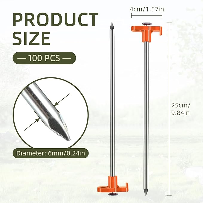 100 Pack Tent Stakes Heavy Duty 10 Inch Camping Stake Yard Stakes Metal Tent Pegs for Ground Stake Spikes for Camping Garden Yard (Orange)