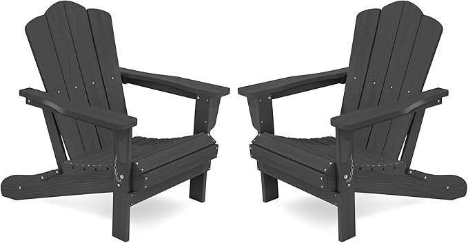 KINGYES Folding Adirondack Chair Set of 2, HDPE All-Weather Folding Adirondack Chair, Grey