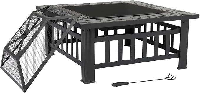 VINGLI 32in Wood Fire Pit with Mesh Lid and Fire Poker, Portable Outdoor Fireplace Burning FirePit for Chrismas Backyard Patio Outside Picnic BBQ Party