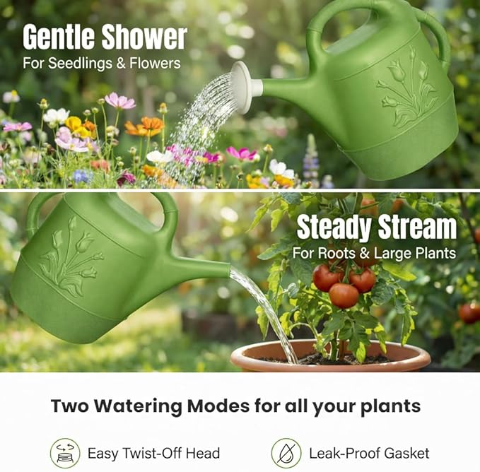 PMU 2 Gallon Watering Can - Garden Watering Can for Indoor & Outdoor Plants - Plastic Water Can with Detachable Sprinkler Head - Large Water Pot, Made in USA - Sage Green Pkg/1