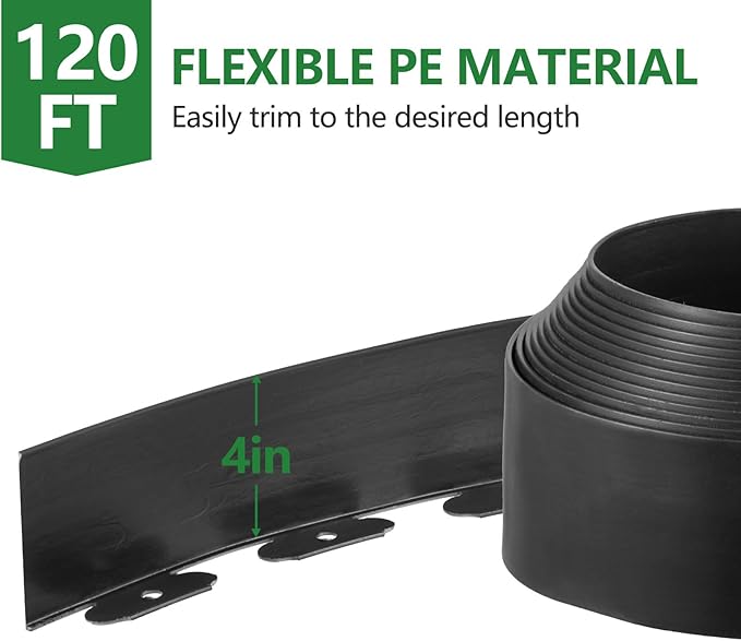 4 in Tall Landscape Edging, 120 ft Garden Border with 120 Metal Spikes, Flexible Plastic for Lawns - Black, No-Dig Design