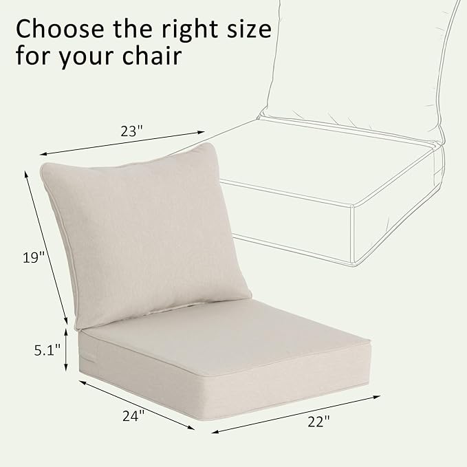 COZYVIDA Outdoor Deep Seat Cushion Set of 2, 22"x24" Seat & 23"x19" Back, C0 Water-Resistant Breathable Fabric, UV-Resistant 1000+ Hrs, 30D Foam with Recycled Fiber Fill,Putty