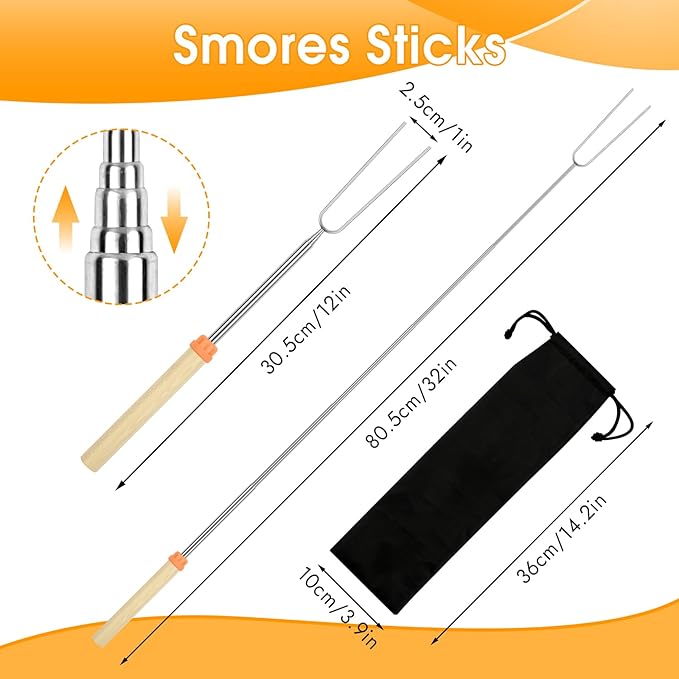 6 Pack Smores Sticks, 32 Inch Marshmallow Roasting Sticks for Fire Pit, Extendable Roasting Skewers with Bag, Hot Dog Fork, Smores Kit for Campfire Camping Essentials