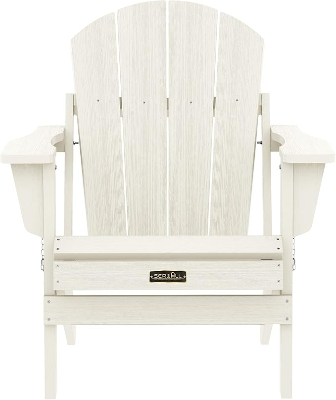 SERWALL Folding Adirondack Chair Set of 2, All Weather Patio Chair with Wood Texture, Fire Pit Chairs for Outdoor - White