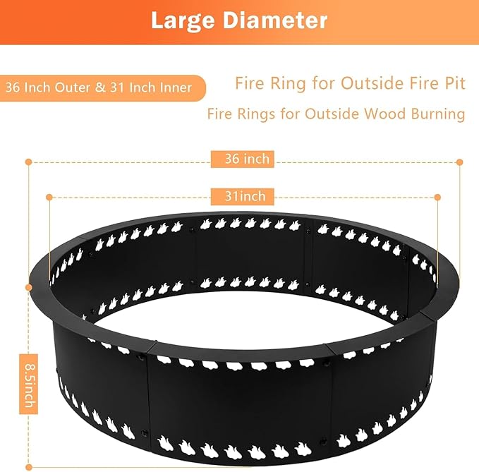 Outdoor Smokeless Fire Pit Ring 31 inch, Metal Steel Firepit Ring Insert Round Firepit Ring for Outside Wood Burning DIY Fire Pits Outdoor Fire Place for Camping Garden Patio Backyard