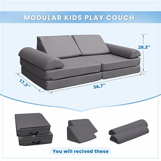 jela Kids Couch, Waterproof Kids Modular Sofa for Outdoor & Indoor, UV Resistant Child Sectional Sofa, Foam Play Couch Playhouse Play Set for Children Adults (Darkgray)