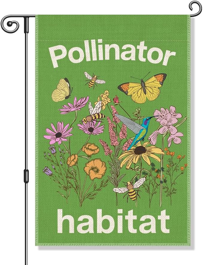 Perfectinsoy Pollinator Habitat Garden Flag, Pollinator Friendly Garden Sign, Eco-Friendly Welcome Yard Home Holiday Farmhouse Porch Patio Outdoor Decor, Flag Gifts for Native Plants Lovers Gardener