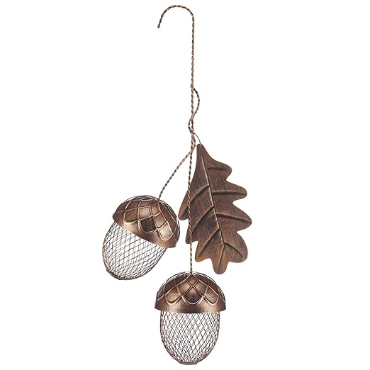 Mimorou Acorn Bird Feeder Outdoor Garden Hanging Feeding Station Sturdy Squirrel Proof Tree Bird Feeder Metal Feed Dispenser for Peanut Suet Nugget, Hanging Metal Leaf Hanger, Holds 2 Cups of Seed