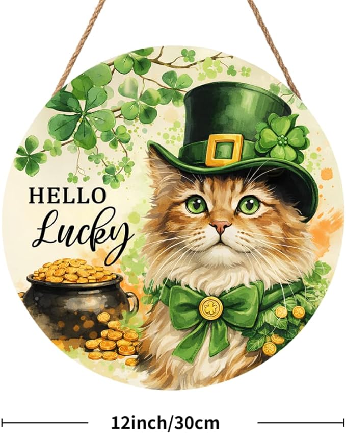 St. Patrick's Day Decoration Sign Funny Cute Cat Wall Pediment Holiday Shamrock Front Door Wooden Plaque Hello Lucky St Patricks Day Door Sign for Yard Porch Spring Summer Decoration