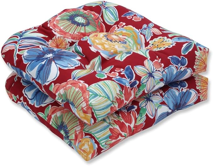 Pillow Perfect Bright Floral Indoor/Outdoor Chair Seat Cushion, Tufted, Weather, and Fade Resistant, 19" x 19", Red/Blue Colsen, 2 Count