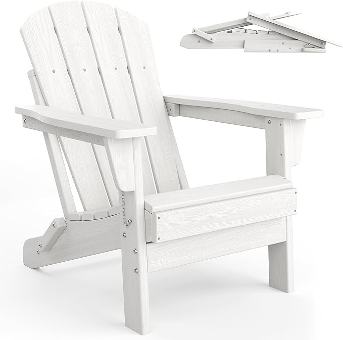 GarveeLife Folding Adirondack Chairs Set of 4, HDPE Plastic Outdoor Chairs with Wood Texture - 380 LBS & Weather Resistant for Fire Pit, Deck, Patio, Pool, Backyard - White