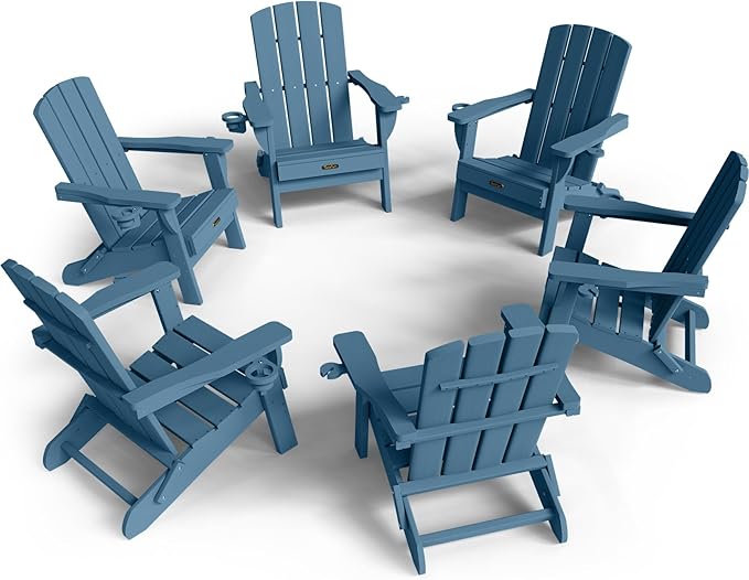 Folding Adirondack Chair 6 Pack, HDPE All-Weather Fire Pit Chairs, Plastic Adirondack Chairs with 2 Cup Holder, Outdoor Lawn Chair for Patio Garden (New Blue)