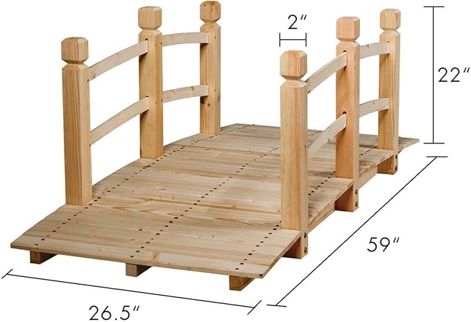 HAPPYGRILL Wooden Bridge, Natural Wood Garden Bridge with Guardrails, Outdoor Pond Bridge for Garden Backyard Decoration 5FT