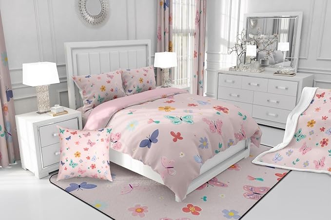 Erosebridal Cute Butterfly King Comforter Set,Kawaii Pink Floral Bedding Sets for Girls Kids,Coquette Flower Garden Quilt Bed Set,Pink Girly Princess Bedroom Decor,2 Pillowcases All Season