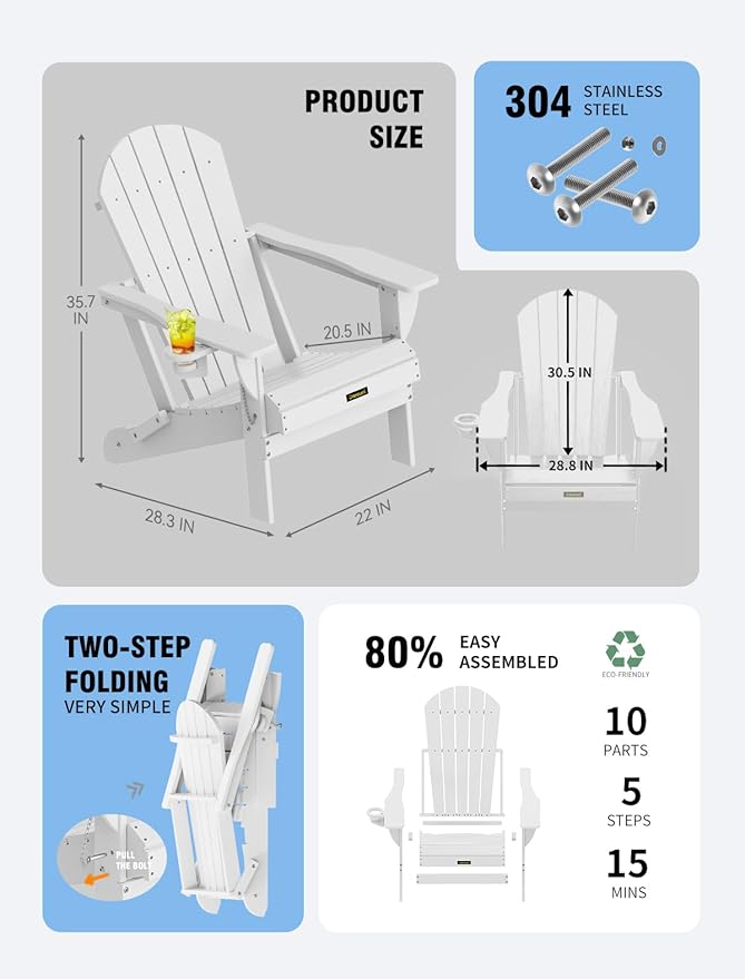 Carauci Plastic HDPE Adirondack Chair, Folding Adirondack Chair Weather Resistant with Cup Holder, Wooden Textured Fire Pit Outdoor Chair for Garden, Porch, Lawn, Backyard, Supports 380LBS, White