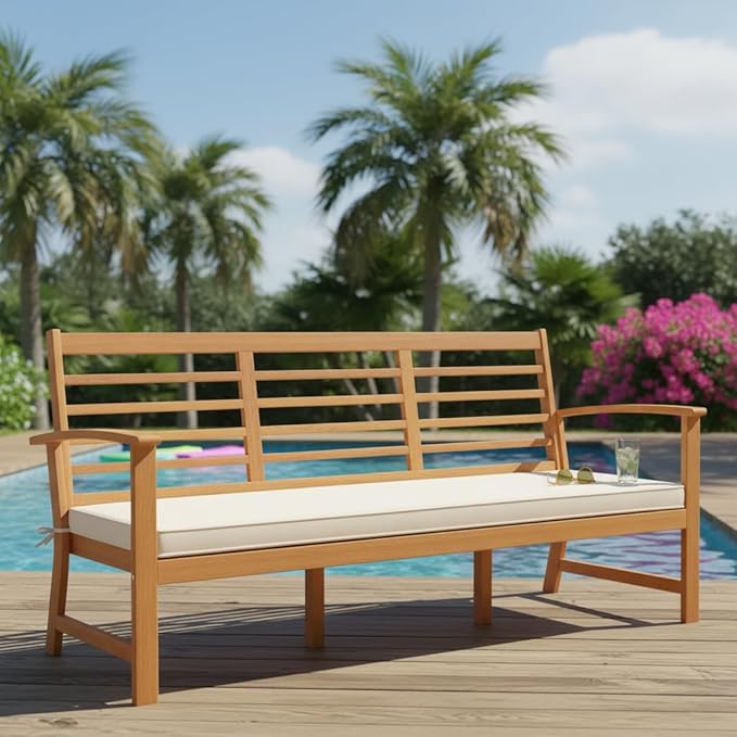 Tangkula 64 Inch Patio Acacia Wood Bench, 3-Seat Extra Long Chair with Cushion, Slatted Seat & Backrest, 3-Person Outdoor Wood Bench for Backyard, Porch, Balcony & Garden