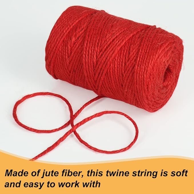 Tenn Well Red Jute Twine, 328 Feet 3mm Thick Craft Twine Packing String for Gift Wrapping, Gardening, DIY Projects