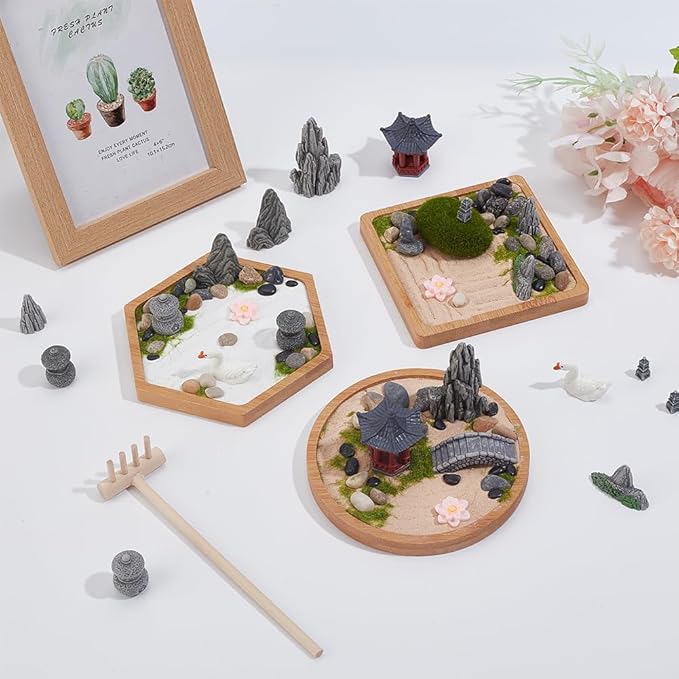 WEBEEDY 3 Sets Mini Zen Garden Kit Sand Tray Kit Japanese Sand Garden for Desktop with Bamboo Tray,Mini Rock Garden Gift Set for Home Office Desk Beautiful Japanese Decor Relaxation Meditation
