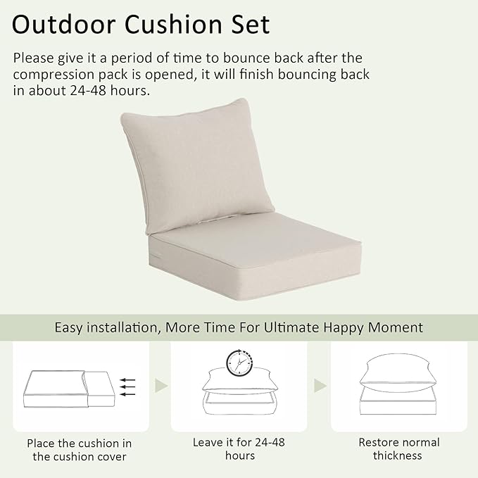 COZYVIDA Outdoor Deep Seat Cushion Set of 2, 22"x24" Seat & 23"x19" Back, C0 Water-Resistant Breathable Fabric, UV-Resistant 1000+ Hrs, 30D Foam with Recycled Fiber Fill,Putty