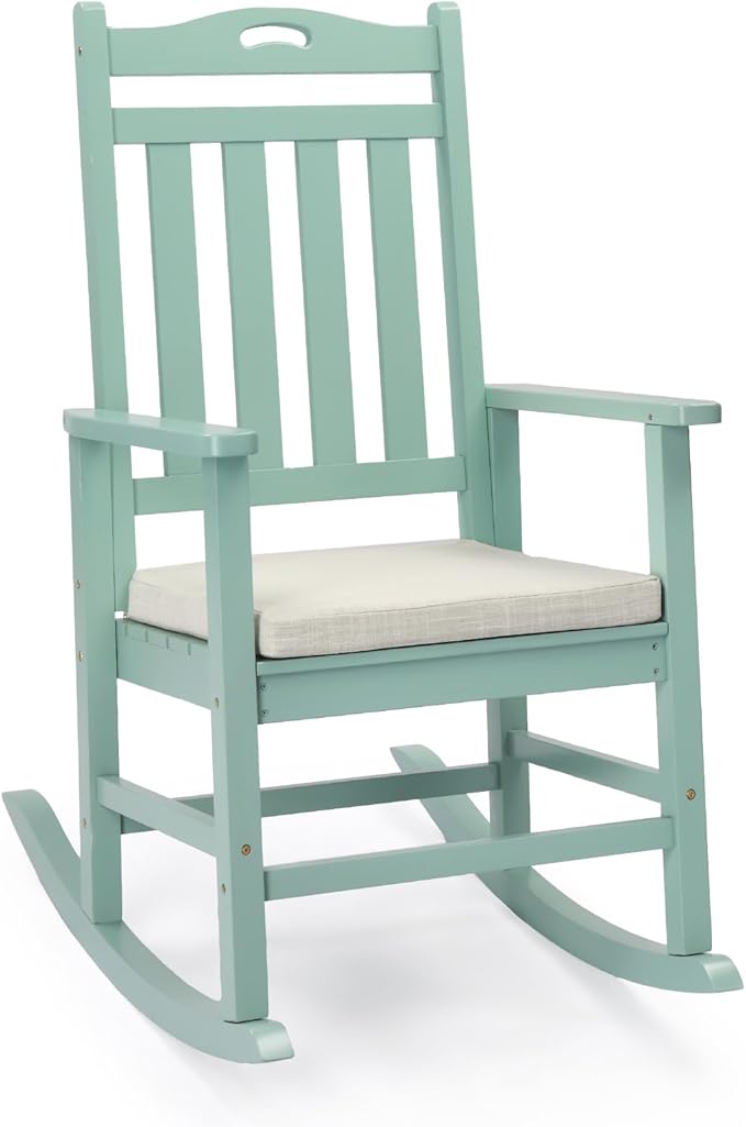 VINGLI Outdoor Rocking Chair, Heavy Duty 450 lbs Poplar Wooden Rocking Chair with High Backrest Design, Come with a Cushion, All-Weather Lounge Rocker Support for Garden, Deck (Mine Green)
