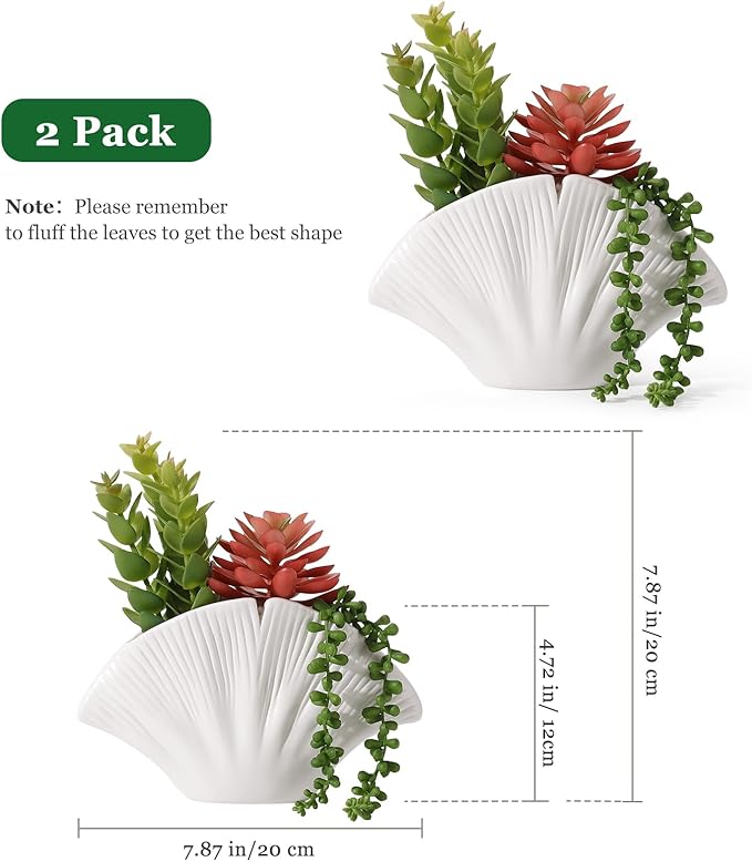 Lewondr Fake Plants, 2 PCS Artificial Plants with Sea Shell Pots, Assorted Fake Succulents in Coastal Beach Decor, Artificial Greenery Ocean Seashell Series for Home Office Bedroom Beach Theme Party