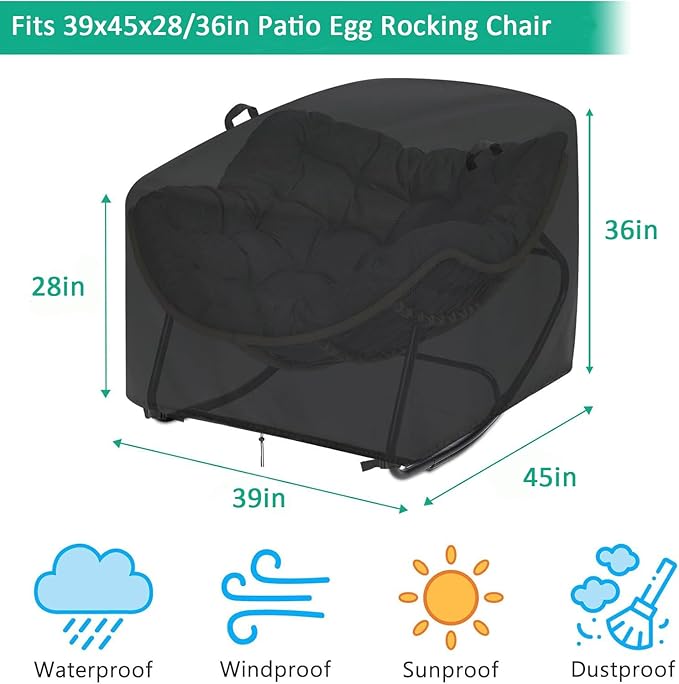 Outdoor Patio Egg Rocking Chair Cover - Waterproof, Fits Indoor Papasan Chair & Rattan Wicker Lounge Chairs (Black, 39x45x28/36in)