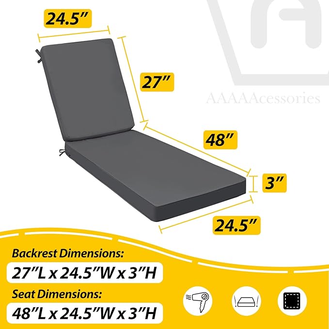 AAAAAcessories Outdoor Chaise Lounge Cushions, Fade-Resistant, Waterproof Patio Furniture Replacement Cushions, 75" x 24.5" x 3", Dark Gray