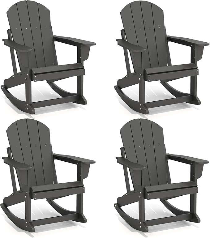 GREENVINES Adirondack Rocking Chairs Set of 4 | HDPE Plastic | Porch Rocker | Chair for Patio Outdoor Deck | All Weather | Black