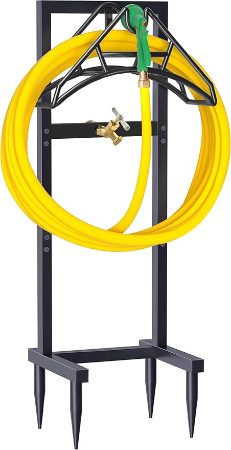 Outdoor Garden Hose Holder Freestanding with Brass Faucet And 4 Spikes, Heavy Duty Metal Water Hose Reel Stand Hanger Rack Organizer Holds Storage 150ft Hose for Outside Yard Lawn, Black